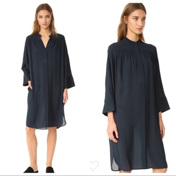 Vince Silk Shirred Belted Navy Shirt Dress - Picture 2 of 6